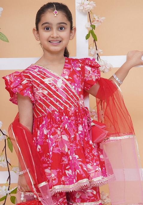 Red Floral Print Cotton Sharara Set For Girls — view on Indya