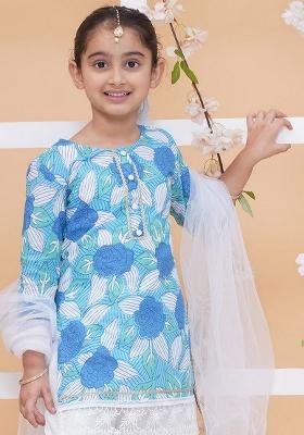 Sky Blue And White Floral Print Cotton Sharara Set For Girls