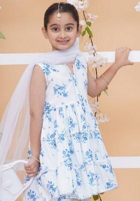 White Floral Print Cotton Sharara Set For Girls