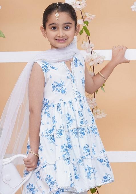White Floral Print Cotton Sharara Set For Girls — view on Indya