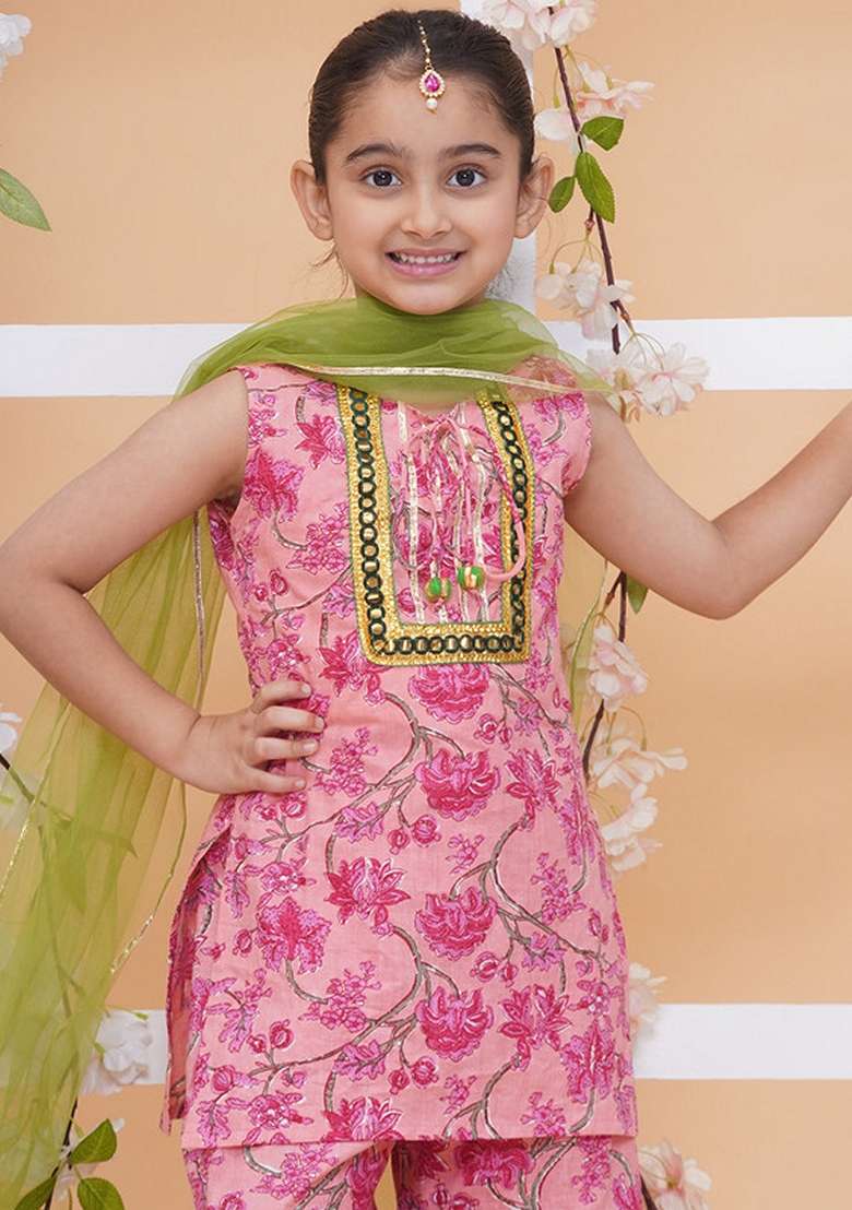 Peach Printed Cotton Sharara Set For Girls - Indya