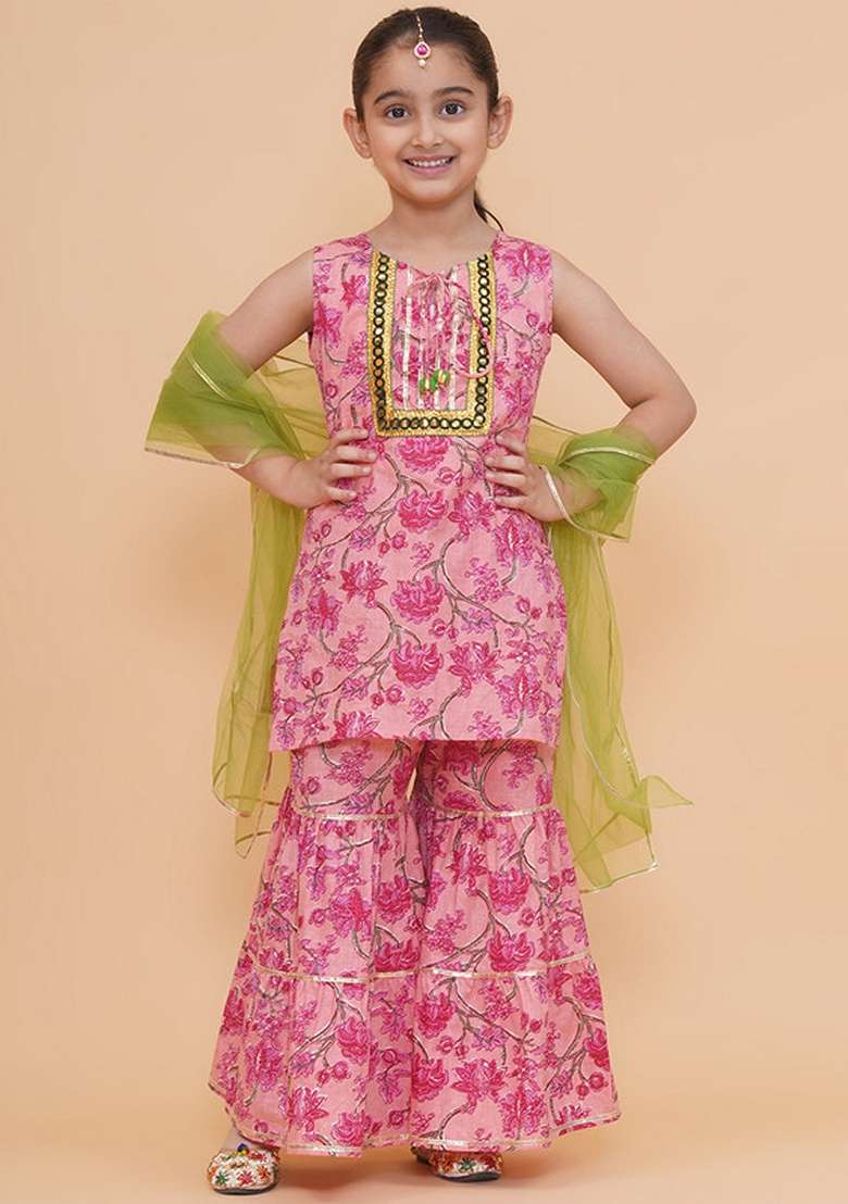 Peach Printed Cotton Sharara Set For Girls - Indya