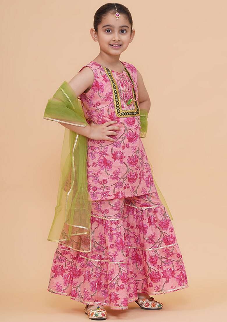 Peach Printed Cotton Sharara Set For Girls - Indya