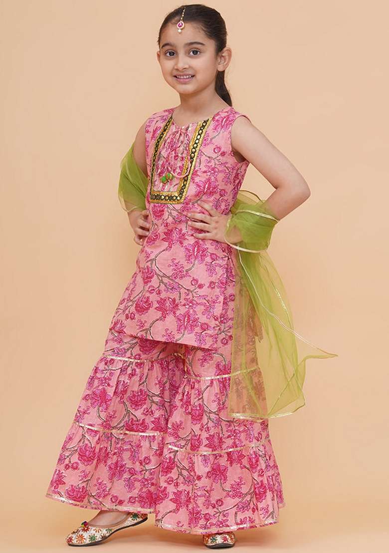 Peach Printed Cotton Sharara Set For Girls - Indya