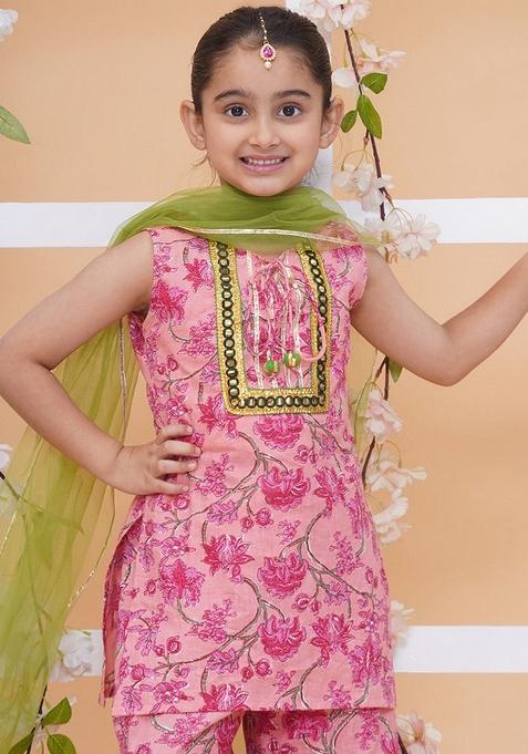 Peach Printed Cotton Sharara Set For Girls — view on Indya