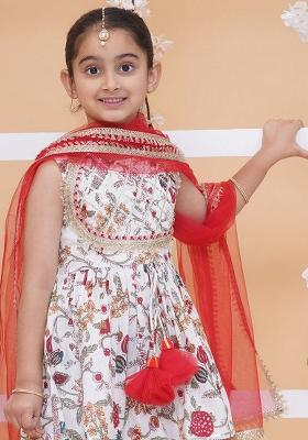 White And Red Printed Cotton Sharara Set For Girls