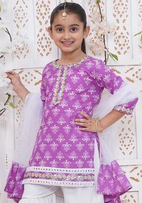 Purple And White Floral Print Cotton Sharara Set For Girls