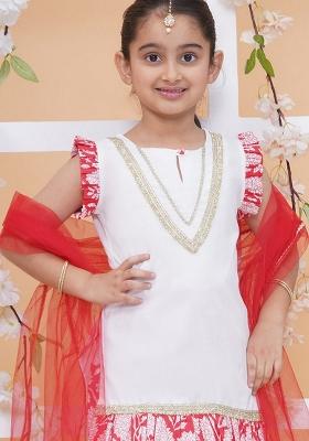 Red And White Floral Print Cotton Sharara Set For Girls