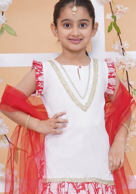Red And White Floral Print Cotton Sharara Set For Girls — view on Indya