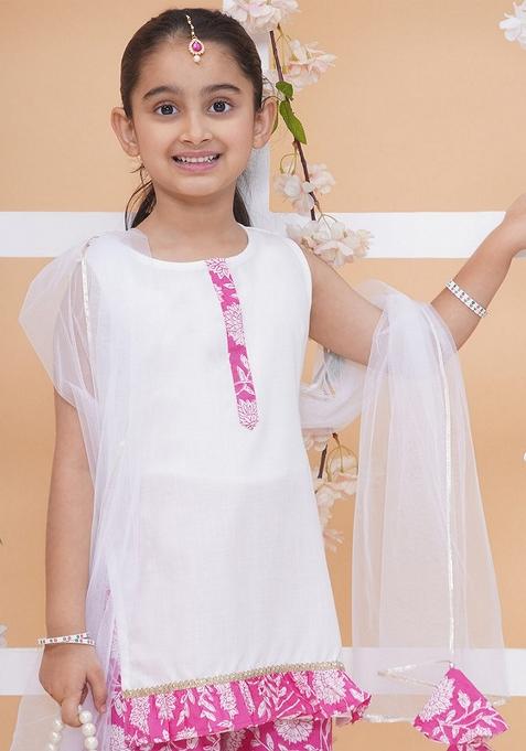 Pink And White Floral Print Cotton Sharara Set For Girls — view on Indya