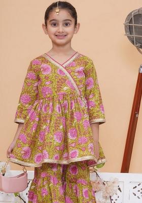 Green Printed Cotton Palazzo Set For Girls