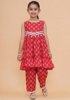 Red Printed Cotton Palazzo Set For Girls