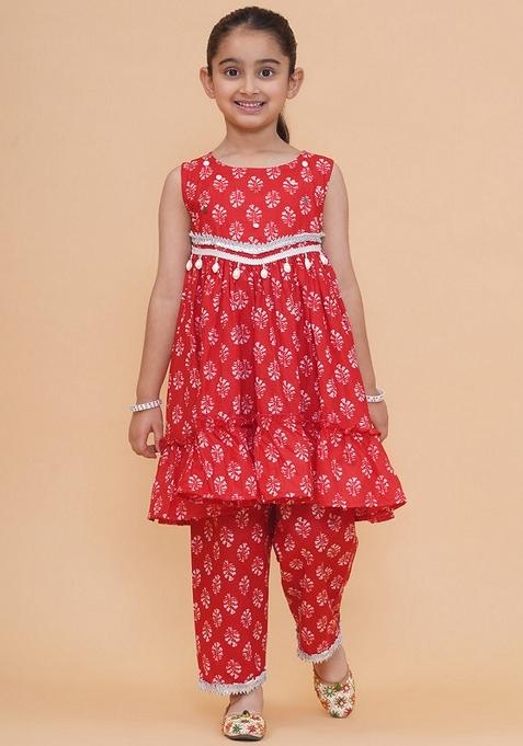 Red Printed Cotton Palazzo Set For Girls — view on Indya