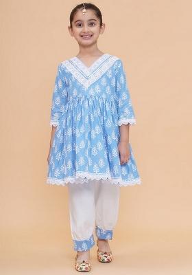 Sky Blue And White Printed Cotton Palazzo Set For Girls