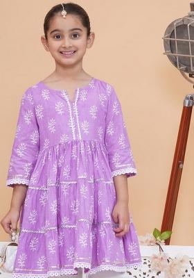 Purple And White Printed Cotton Palazzo Set For Girls