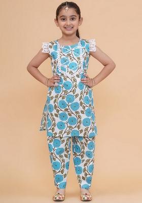 White Floral Print Cotton Palazzo Set For Girls