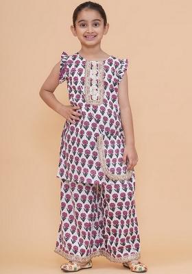White Printed Cotton Palazzo Set For Girls