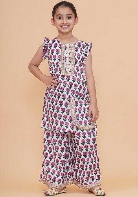 White Printed Cotton Palazzo Set For Girls — view on Indya