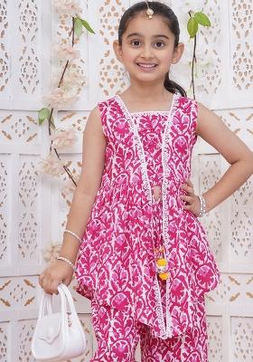 Pink Printed Cotton Palazzo Set For Girls