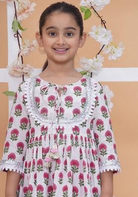 White And Pink Printed Cotton Palazzo Set For Girls
