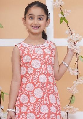 Peach Floral Print Cotton Palazzo Set For Girls