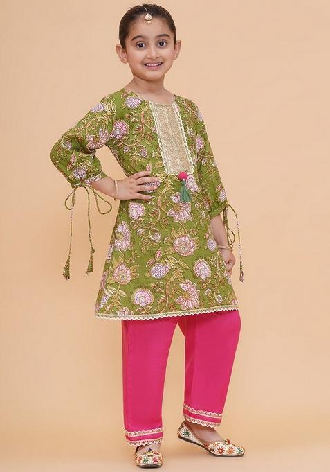 Green And Pink Printed Cotton Palazzo Set For Girls — view on Indya