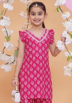 Pink Printed Cotton Palazzo Set For Girls
