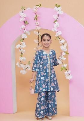 Teal Blue Printed Cotton Palazzo Set For Girls