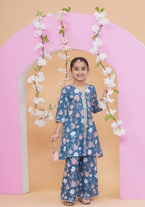 Teal Blue Printed Cotton Palazzo Set For Girls — view on Indya