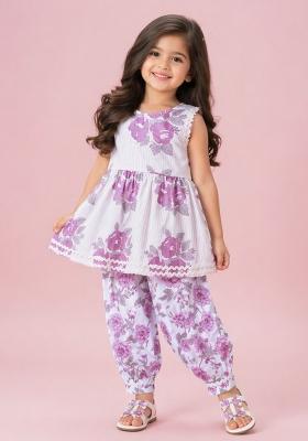 Purple Floral Printed Cambric Kurta Pyjama Set For Girls