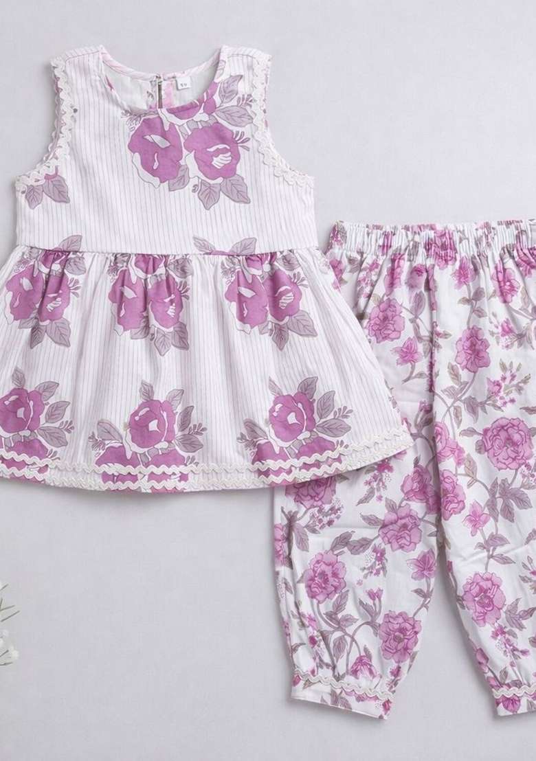 Purple Floral Printed Cambric Kurta Pyjama Set For Girls - Indya
