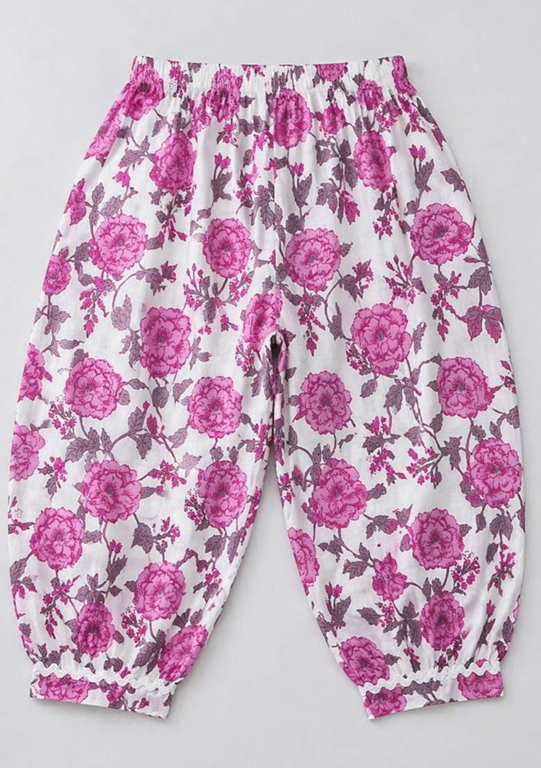 Purple Floral Printed Cambric Kurta Pyjama Set For Girls - Indya