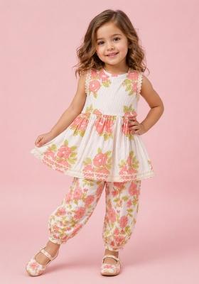 Peach Floral Printed Cambric Kurta Pyjama Set For Girls