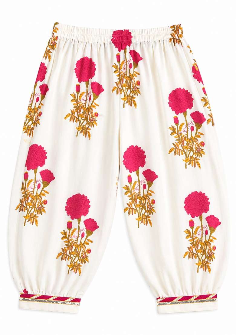 Fuchsia Floral Printed Cambric Kurta Pyjama Set For Girls - Indya