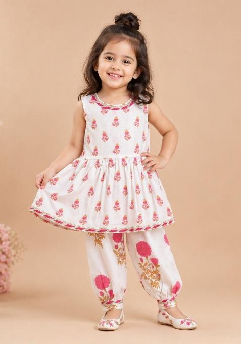 Fuchsia Floral Printed Cambric Kurta Pyjama Set For Girls