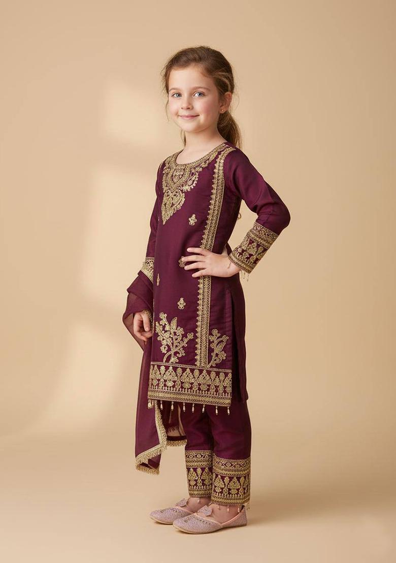 Red Embroidered Silk Kurta Set For Girls - Indya