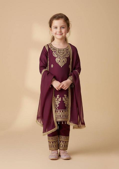 Red Embroidered Silk Kurta Set For Girls