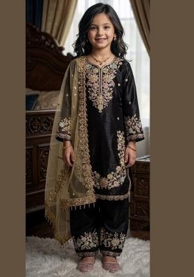 Black Embroidered Silk Kurta Set For Girls