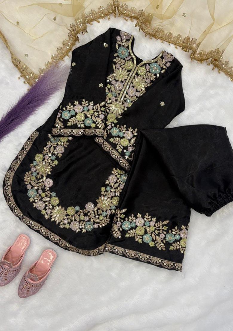 Black Embroidered Silk Kurta Set For Girls - Indya