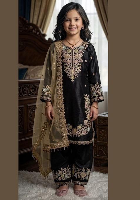 Black Embroidered Silk Kurta Set For Girls