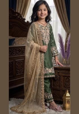 Green Embroidered Silk Kurta Set For Girls