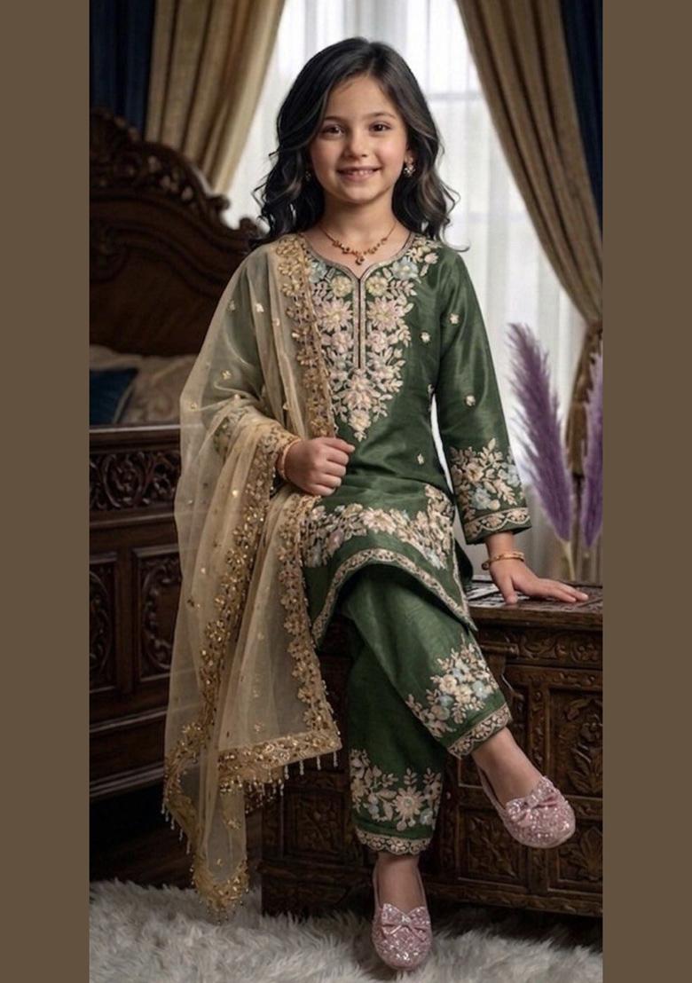 Green Embroidered Silk Kurta Set For Girls - Indya