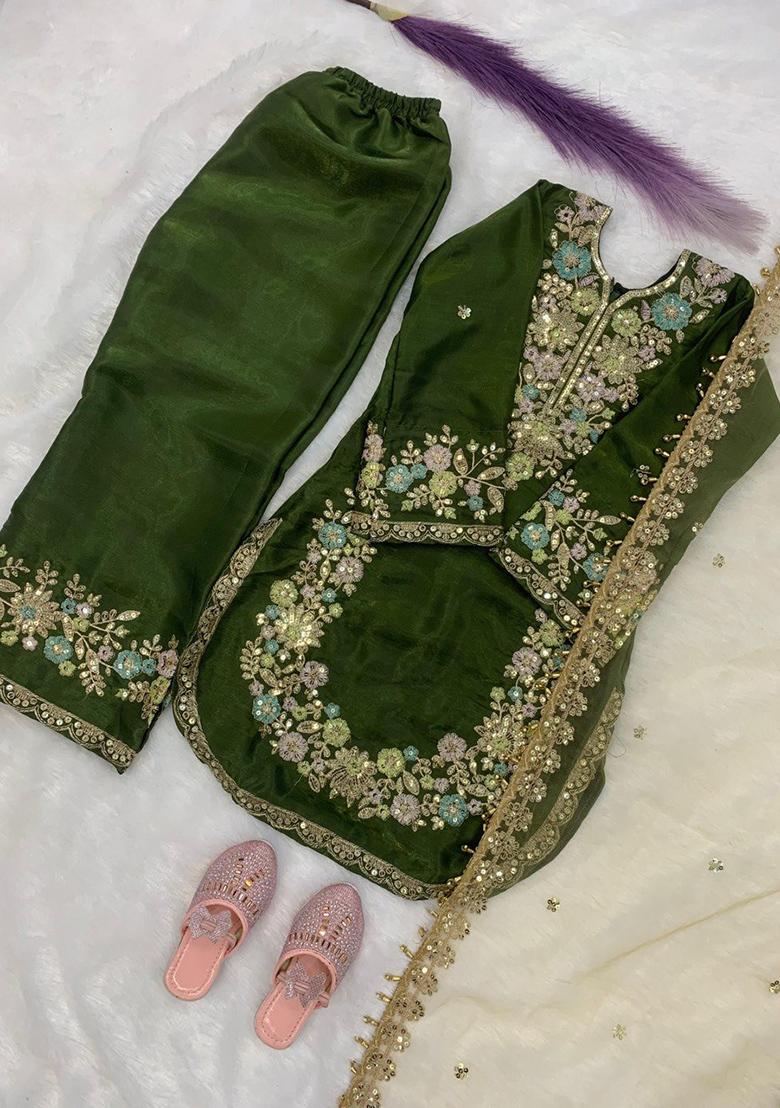 Green Embroidered Silk Kurta Set For Girls - Indya