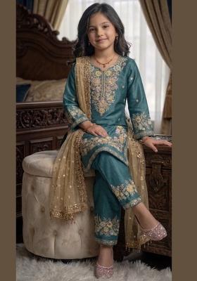 Turquoise Embroidered Silk Kurta Set For Girls