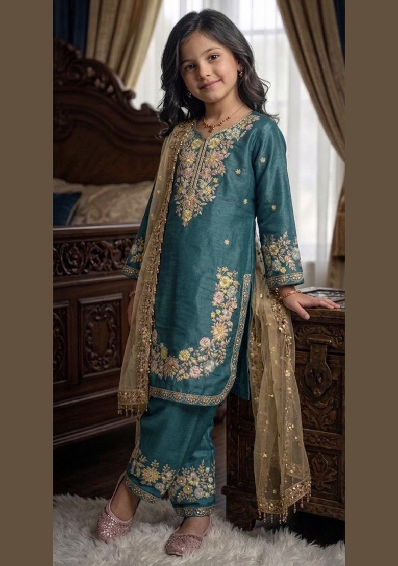 Turquoise Embroidered Silk Kurta Set For Girls - Indya