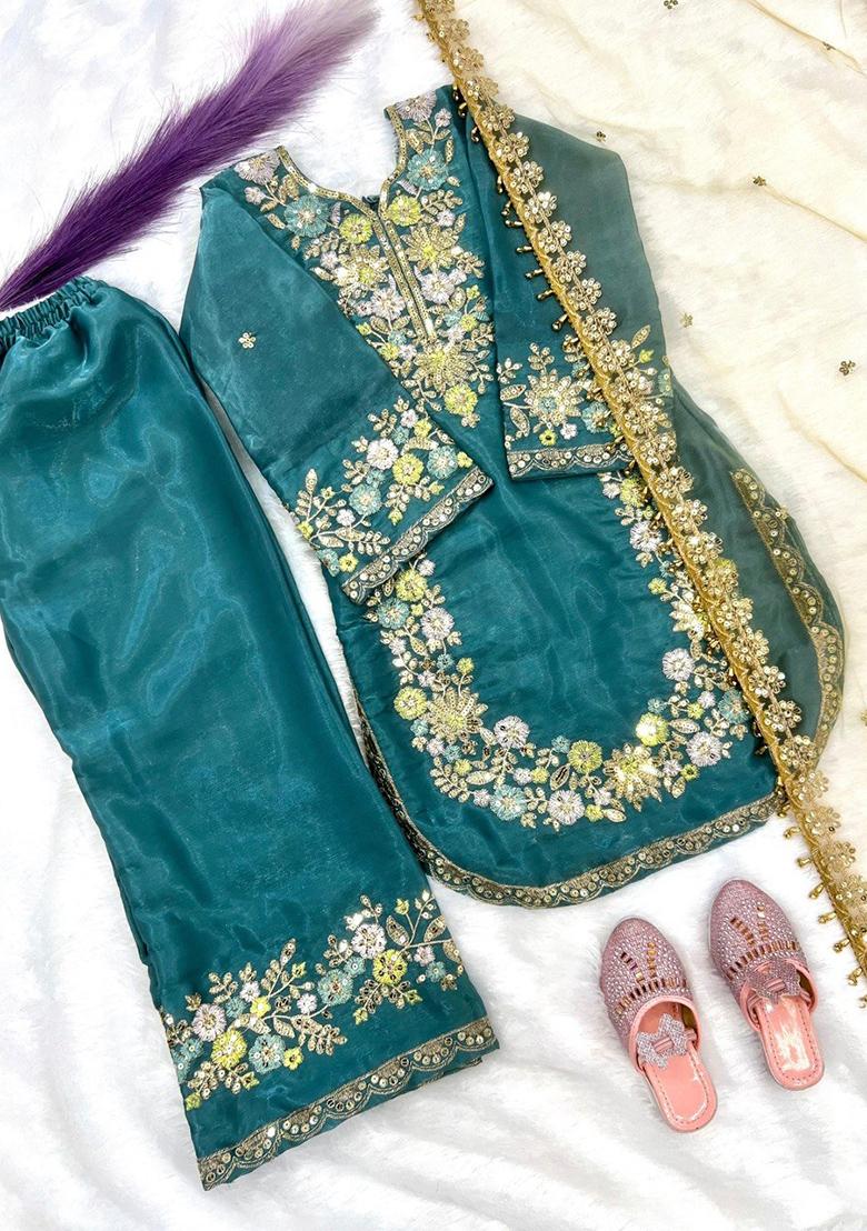 Turquoise Embroidered Silk Kurta Set For Girls - Indya