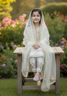 White Embroidered Silk Kurta Set For Girls