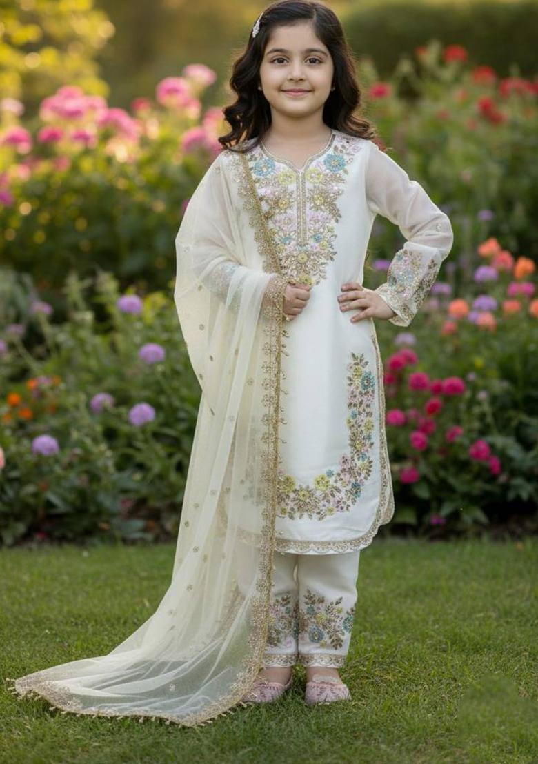 White Embroidered Silk Kurta Set For Girls - Indya