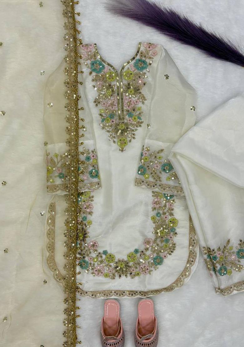 White Embroidered Silk Kurta Set For Girls - Indya