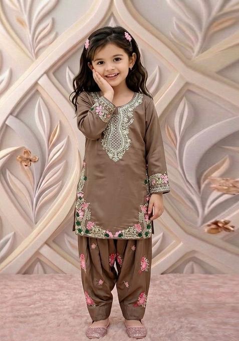 Brown Embroidered Crepe Kurta Set For Girls